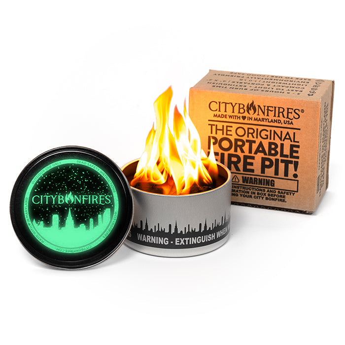 City Bonfires portable fire pit candle in metal tin with skyline silhouette and green lid on Tampa Home & Garden Store