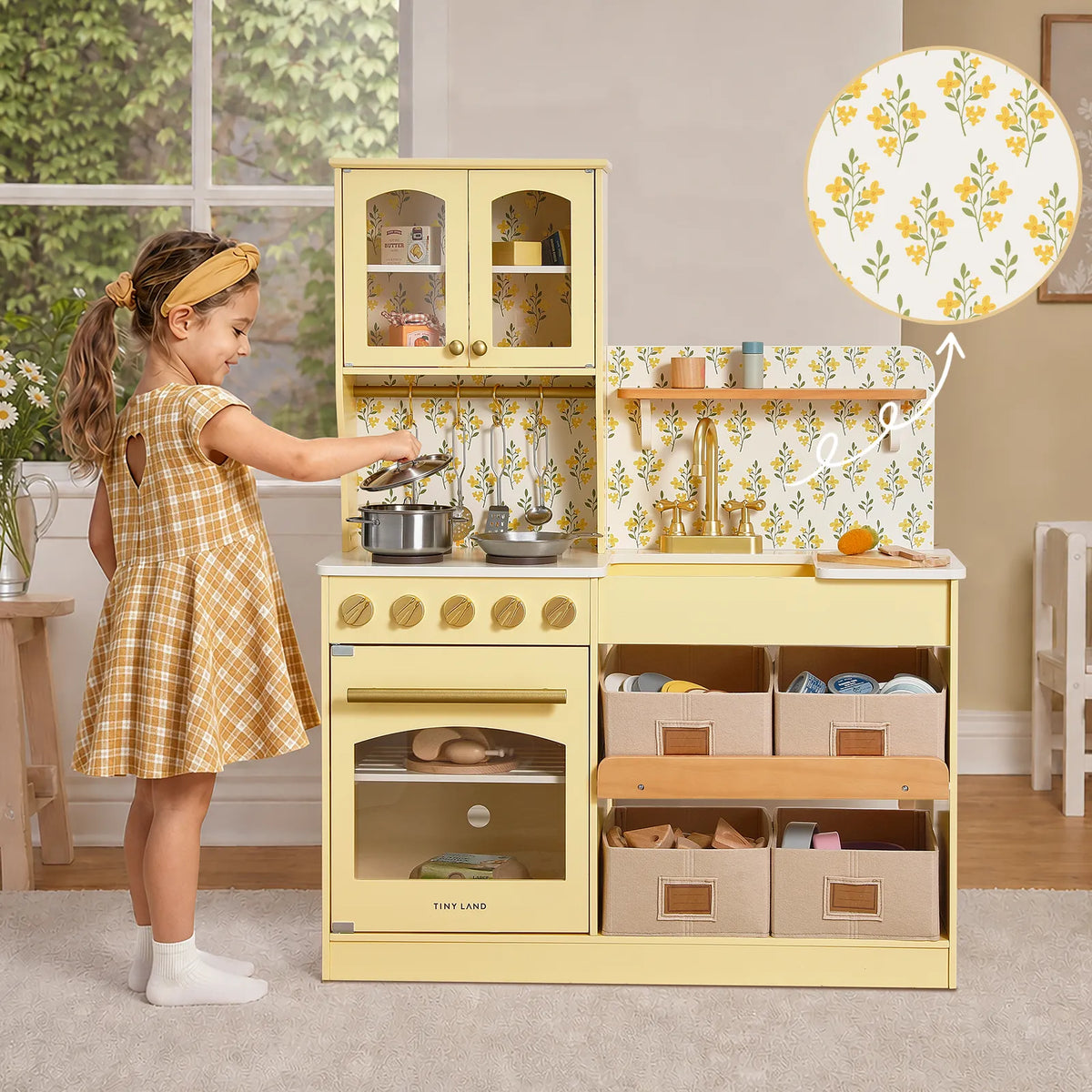 Tiny Land wooden play kitchen with storage in pale yellow, glass cabinets and floral print on Tampa Home & Garden Store