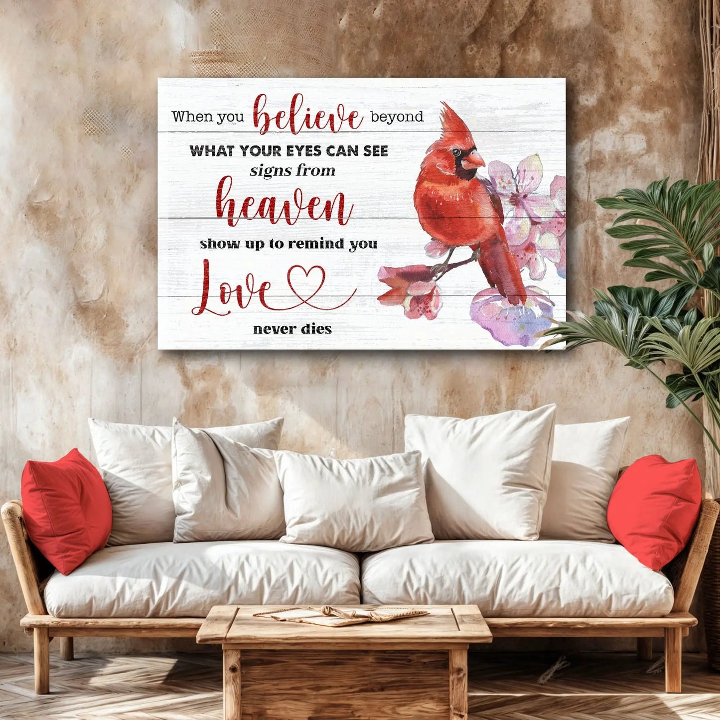 When You Believe Beyond Faith Sign II canvas by Tailored Canvases with cardinal and pink flowers on Tampa Home & Garden Store
