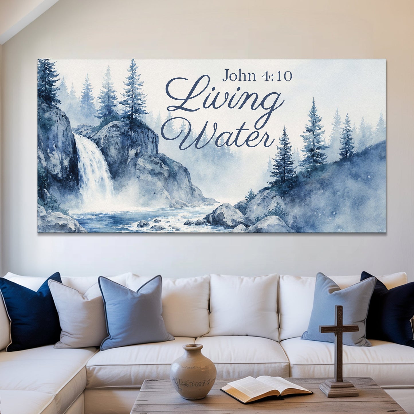 Living Water canvas by Tailored Canvases featuring blue forest scene and John 4:10 text on Tampa Home & Garden Store