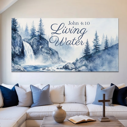 Living Water canvas by Tailored Canvases featuring blue forest scene and John 4:10 text on Tampa Home & Garden Store