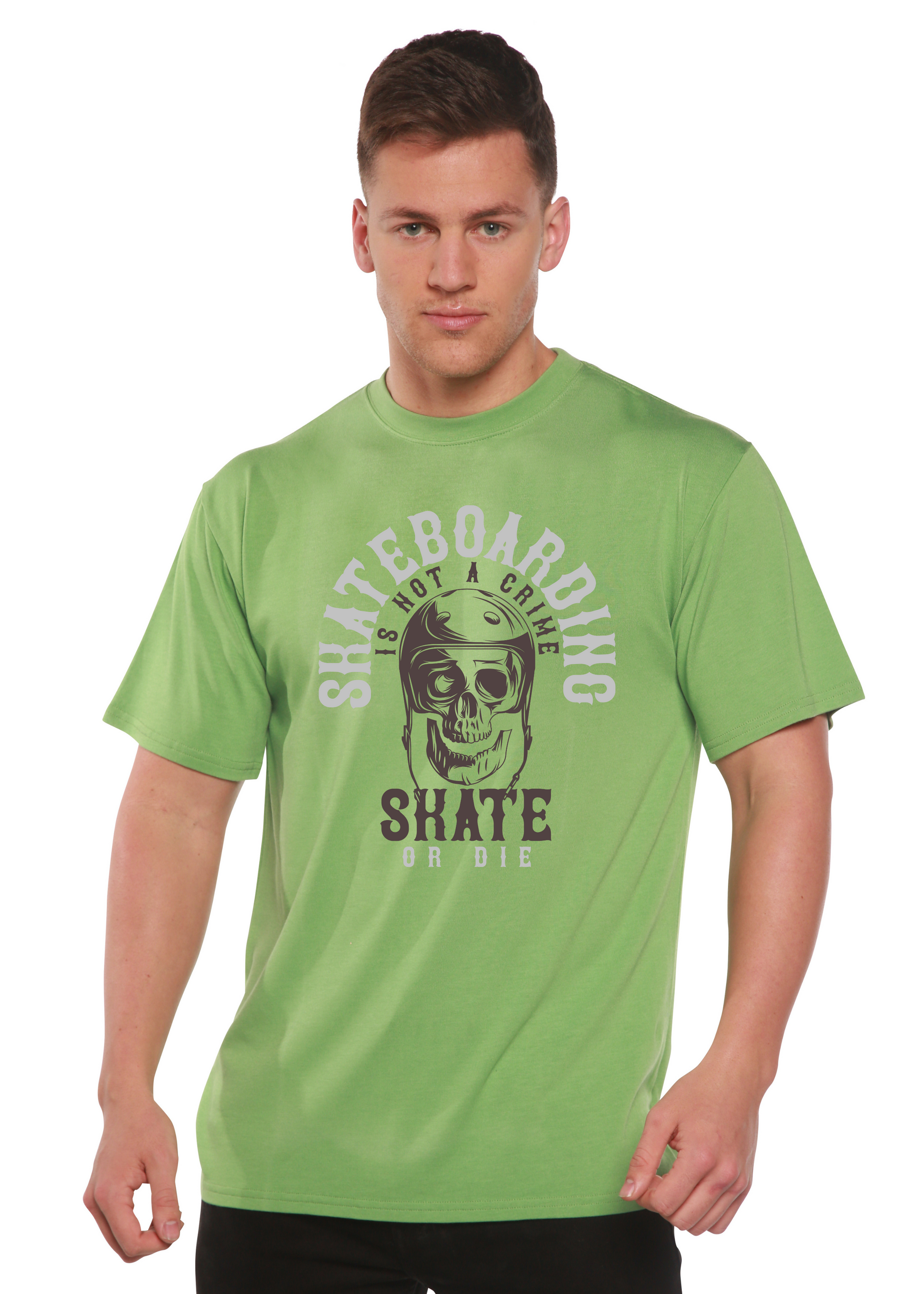 Skateboarding graphic T-shirt in green bamboo viscose/organic cotton with skull print on Tampa Home & Garden Store