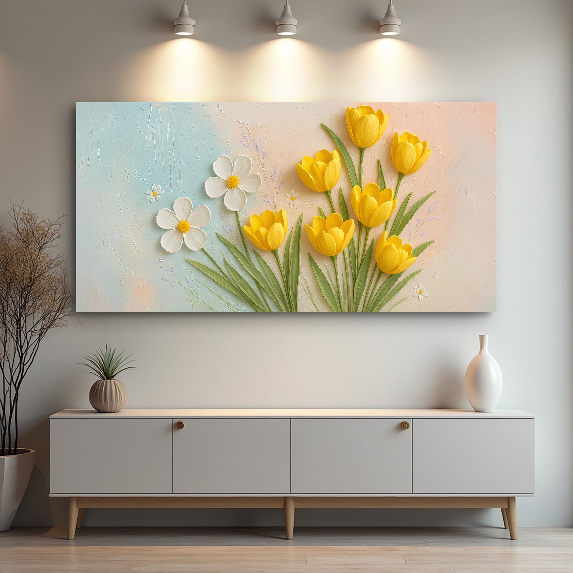 Floral Wall Art II canvas Tailored Canvases with yellow tulips and daisies on pastel backdrop on Tampa Home & Garden Store