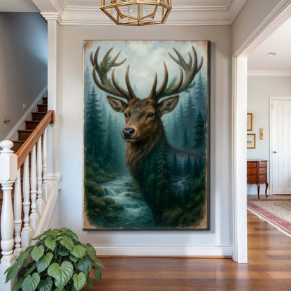 Misty Stag Double Exposure Wall Art Canvas Print