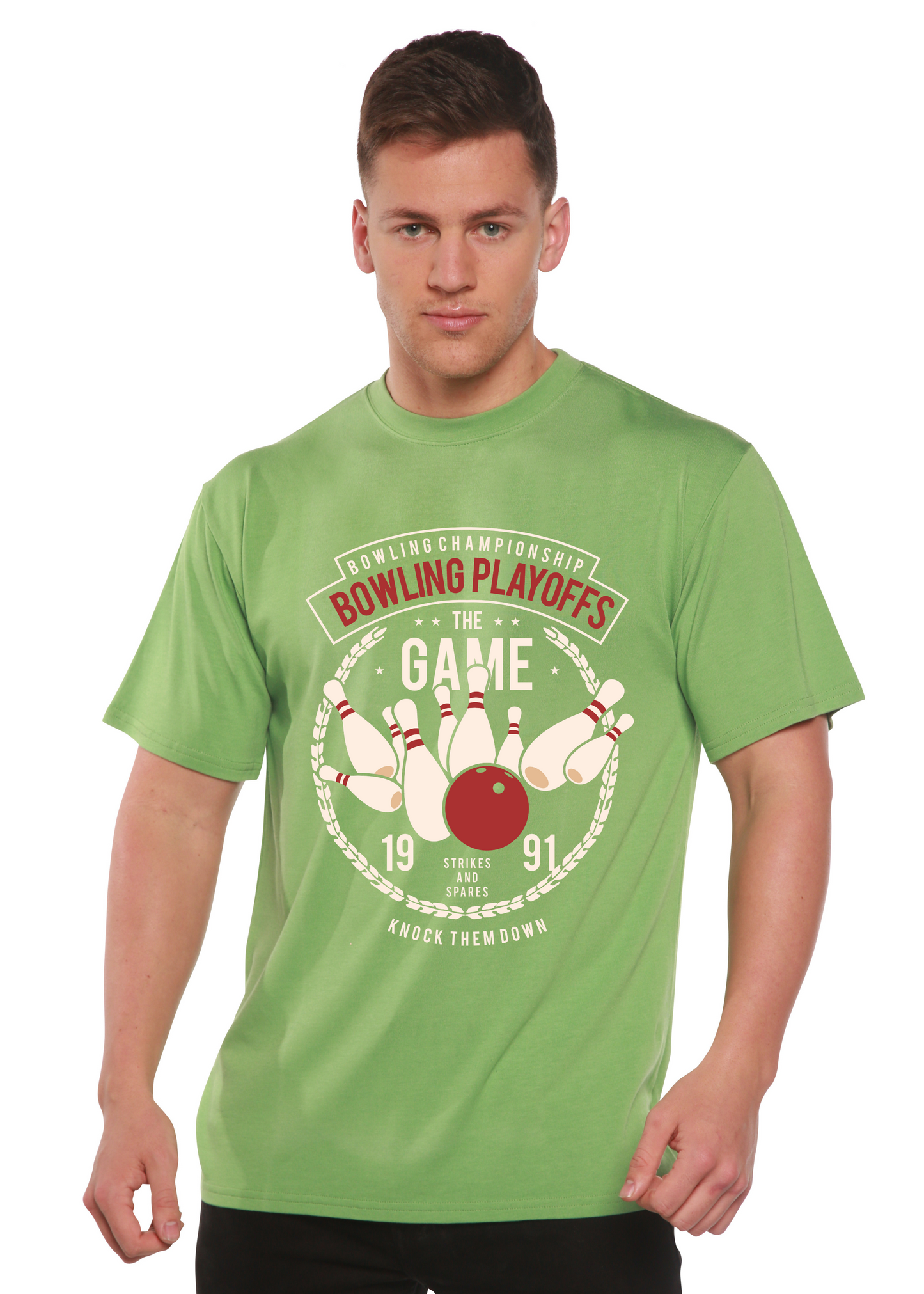 Spun Bamboo men's lime green graphic tee Bowling Playoffs pins design on Tampa Home & Garden Store