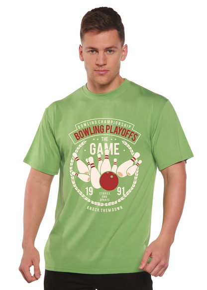 Spun Bamboo men's lime green graphic tee Bowling Playoffs pins design on Tampa Home & Garden Store