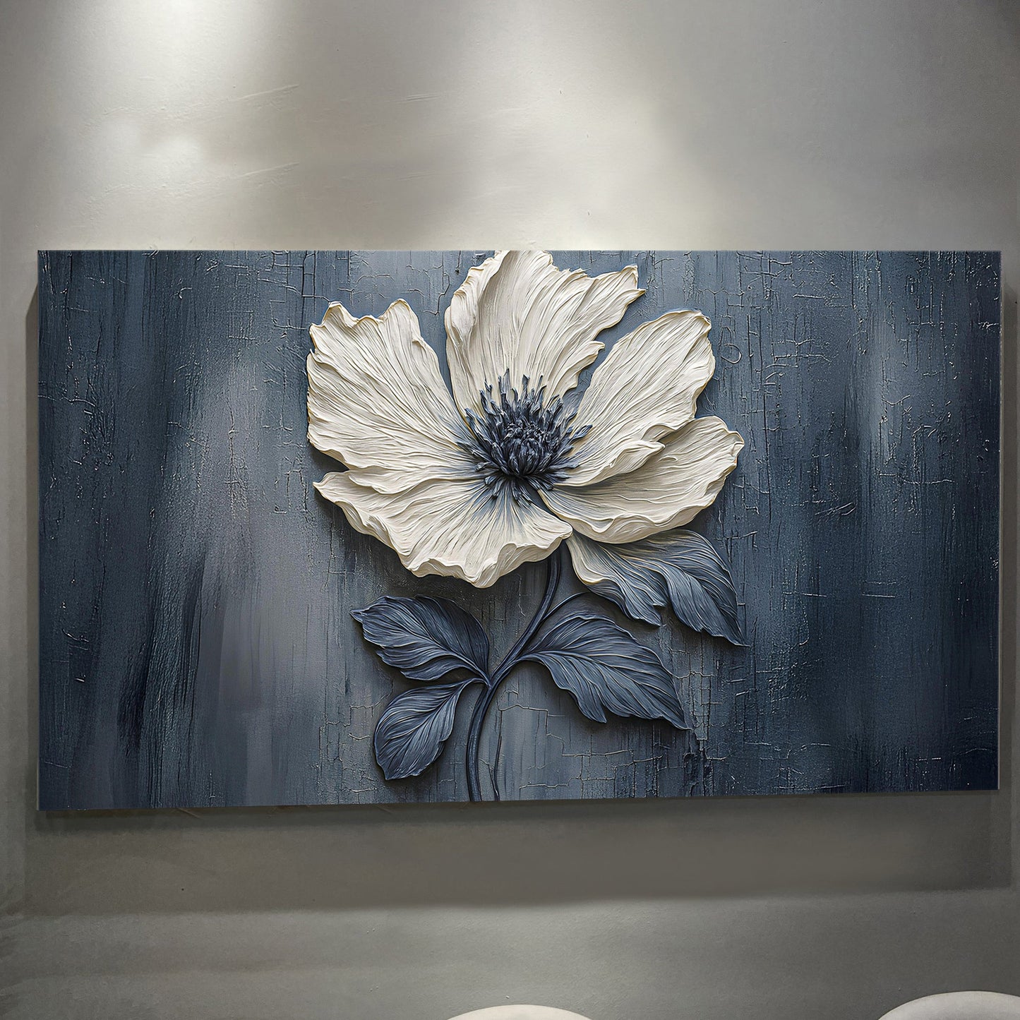 Floral Clay Relief Wall Art canvas with white flower on blue Tailored Canvases on Tampa Home & Garden Store