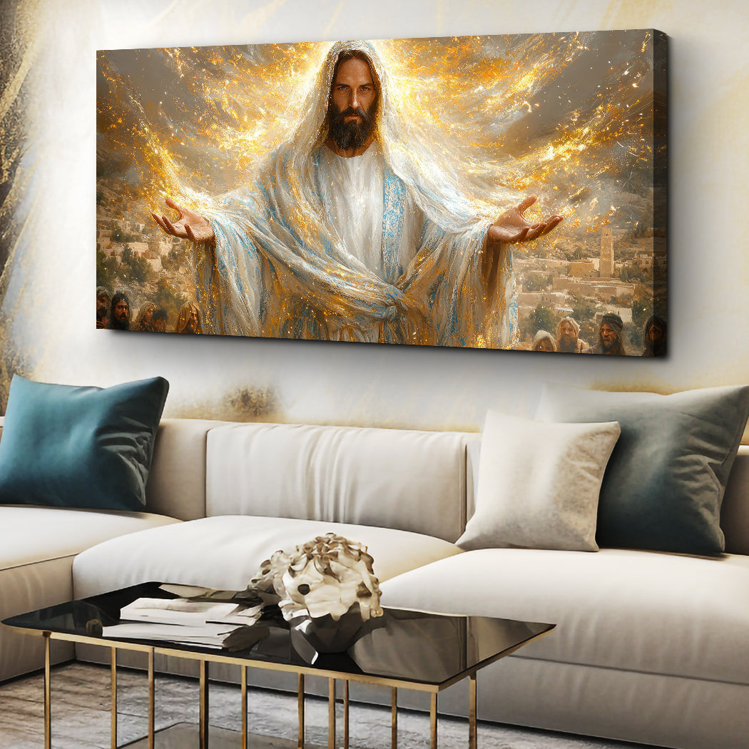 Creator Faith Wall Art canvas with gold aura and white robe by Tailored Canvases on Tampa Home & Garden Store