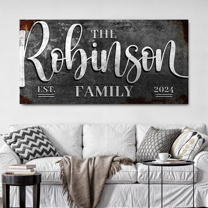 Personalized family sign canvas with dark distressed background and silver-script surname on Tampa Home & Garden Store