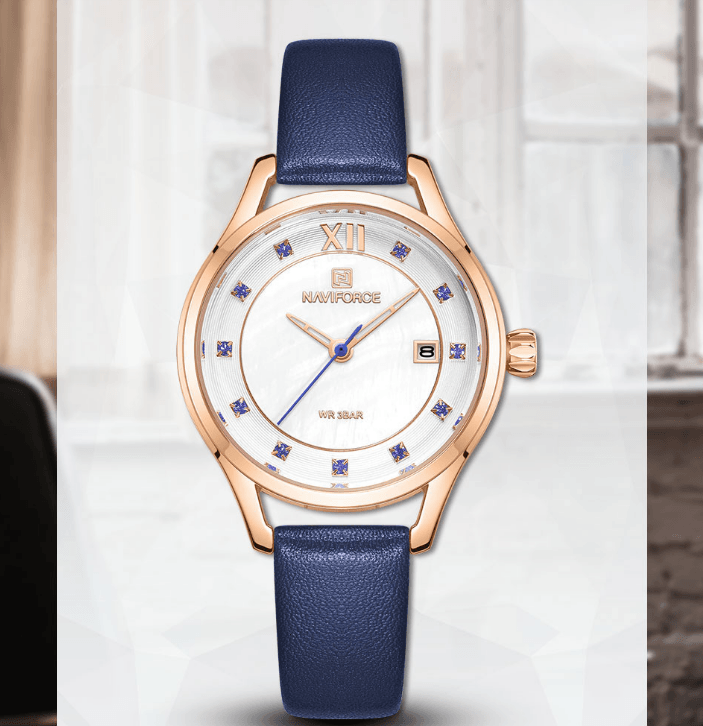 Women's watch with blue leather strap, rose-gold case, NAVIFORCE dial and date window on Tampa Home & Garden Store