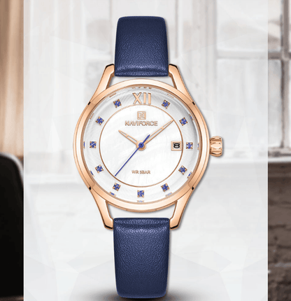 Women's watch with blue leather strap, rose-gold case, NAVIFORCE dial and date window on Tampa Home & Garden Store