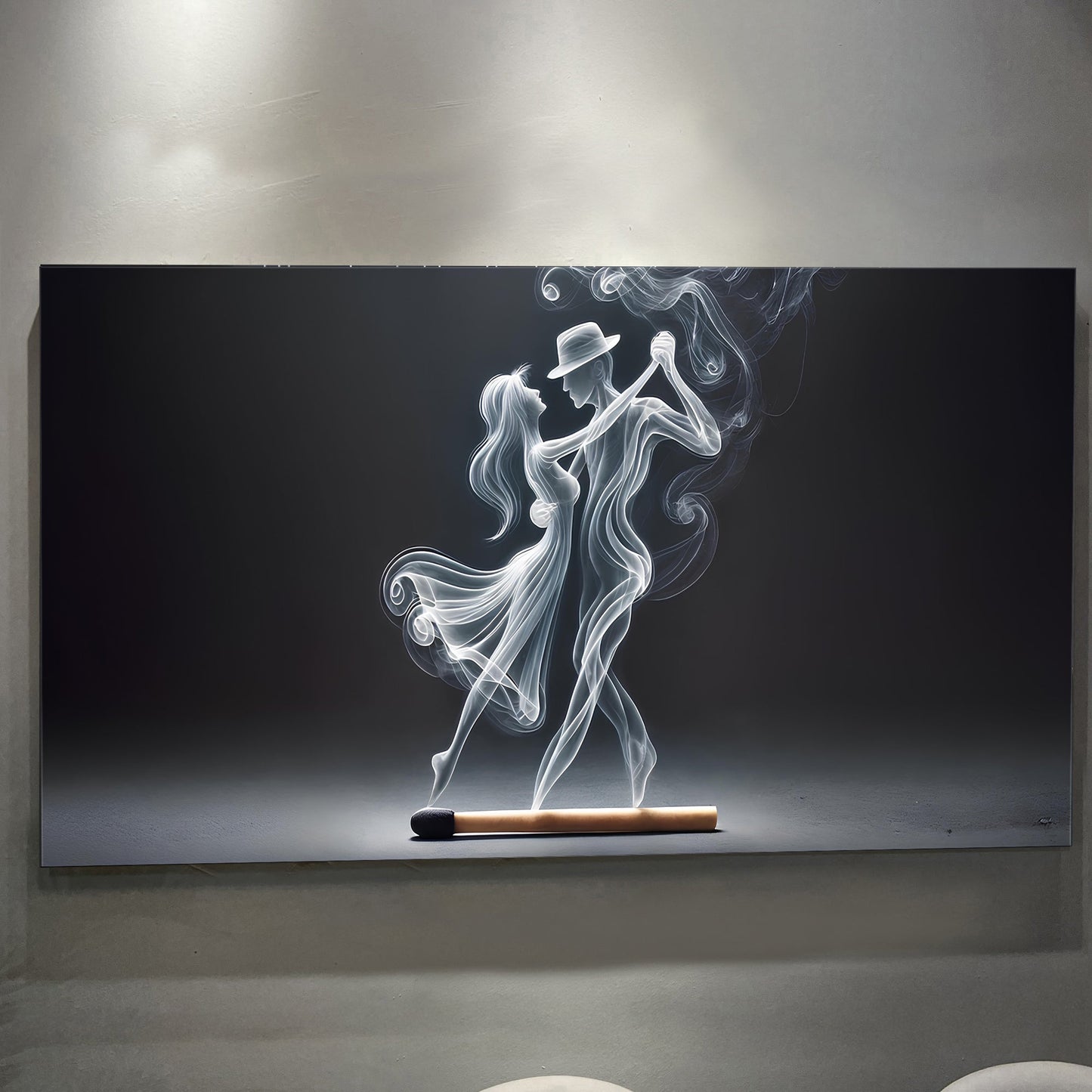 Modern Abstract Couple Dance canvas art with ethereal white smoke silhouettes on a black background on Tampa Home & Garden Store