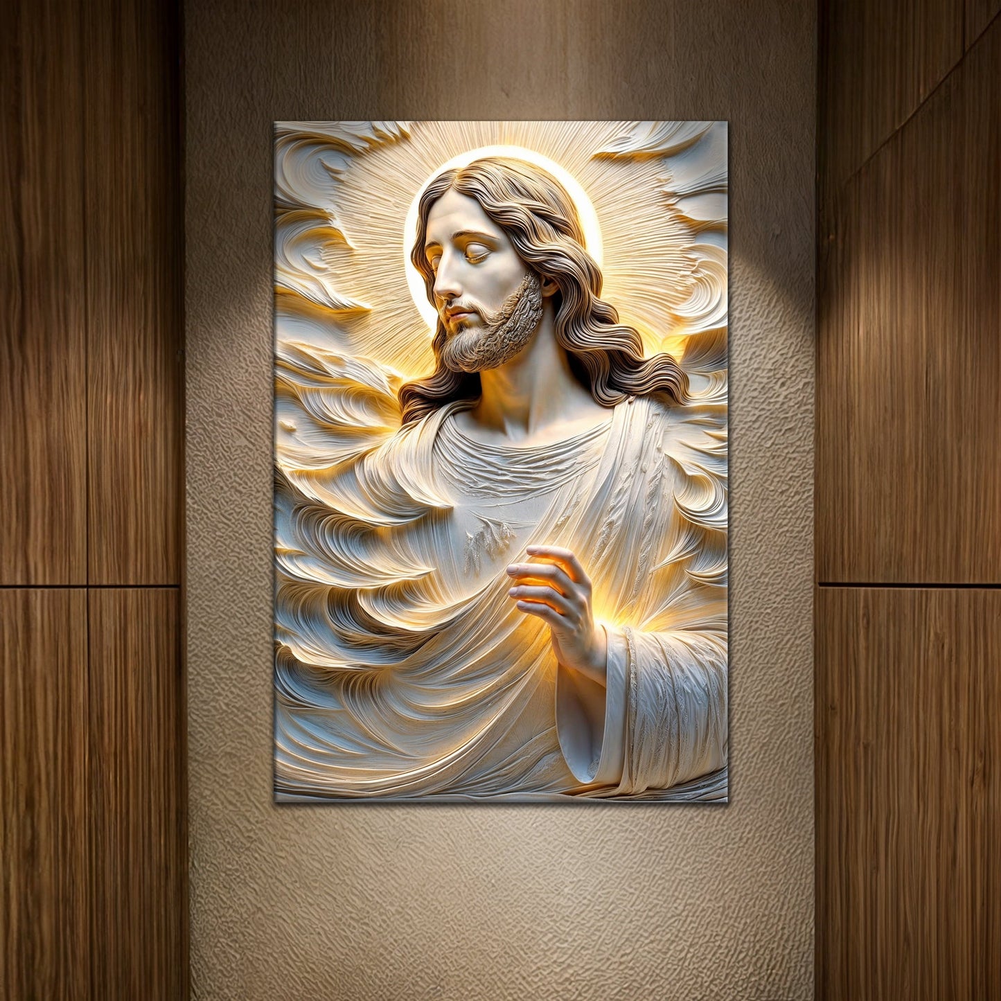 Faith Over Fear Sacred Serenity faith wall art canvas with Jesus portrait and glowing halo on Tampa Home & Garden Store