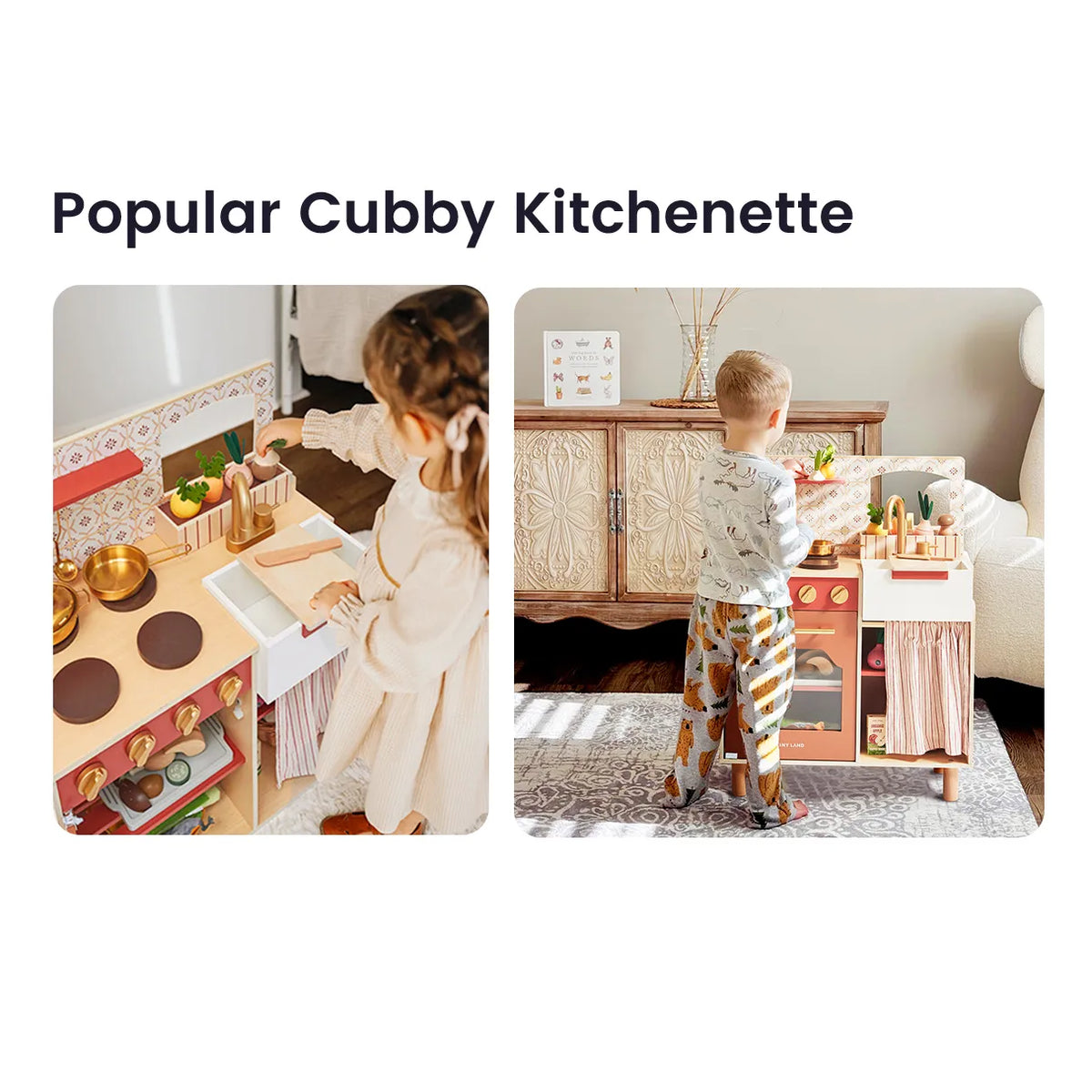 Tiny Land honey wooden play kitchen set for toddlers with stove and sink; child plays pretend on Tampa Home & Garden Store