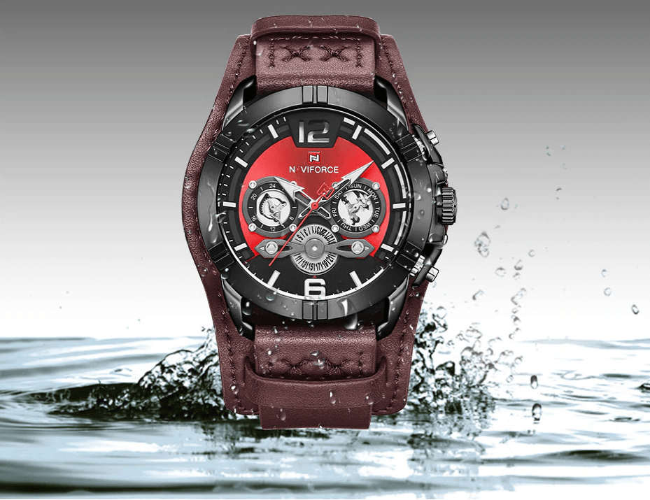 Stevvex men's leather waterproof watch with red dial chronometer fluorescent hands brown strap on Tampa Home & Garden Store