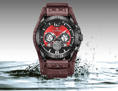 Stevvex men's leather waterproof watch with red dial chronometer fluorescent hands brown strap on Tampa Home & Garden Store