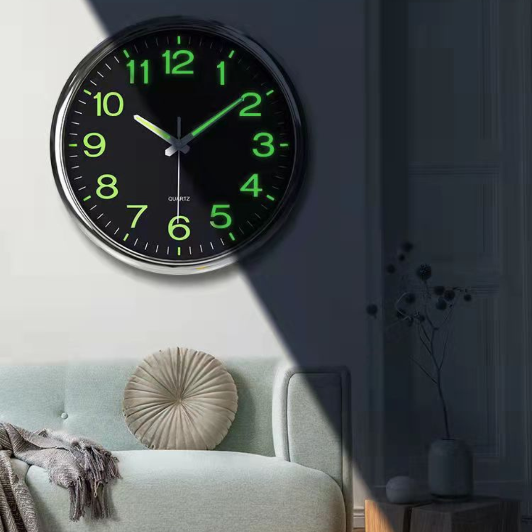 LED Wall Clock 30cm Moktan Sabai, black dial with green glow numerals, chrome rim on Tampa Home & Garden Store