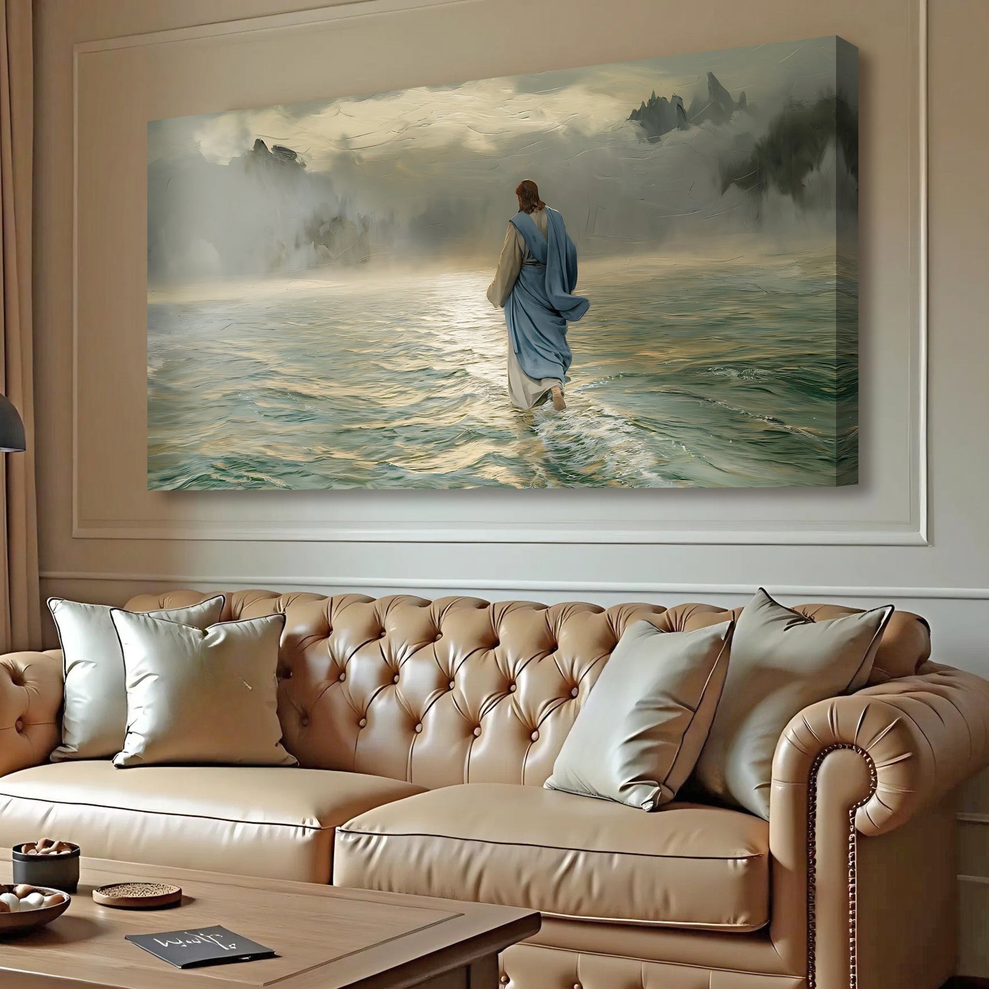 Walking on Water - Faith Wall Art VI canvas by Tailored Canvases blue figure in misty sea on Tampa Home & Garden Store
