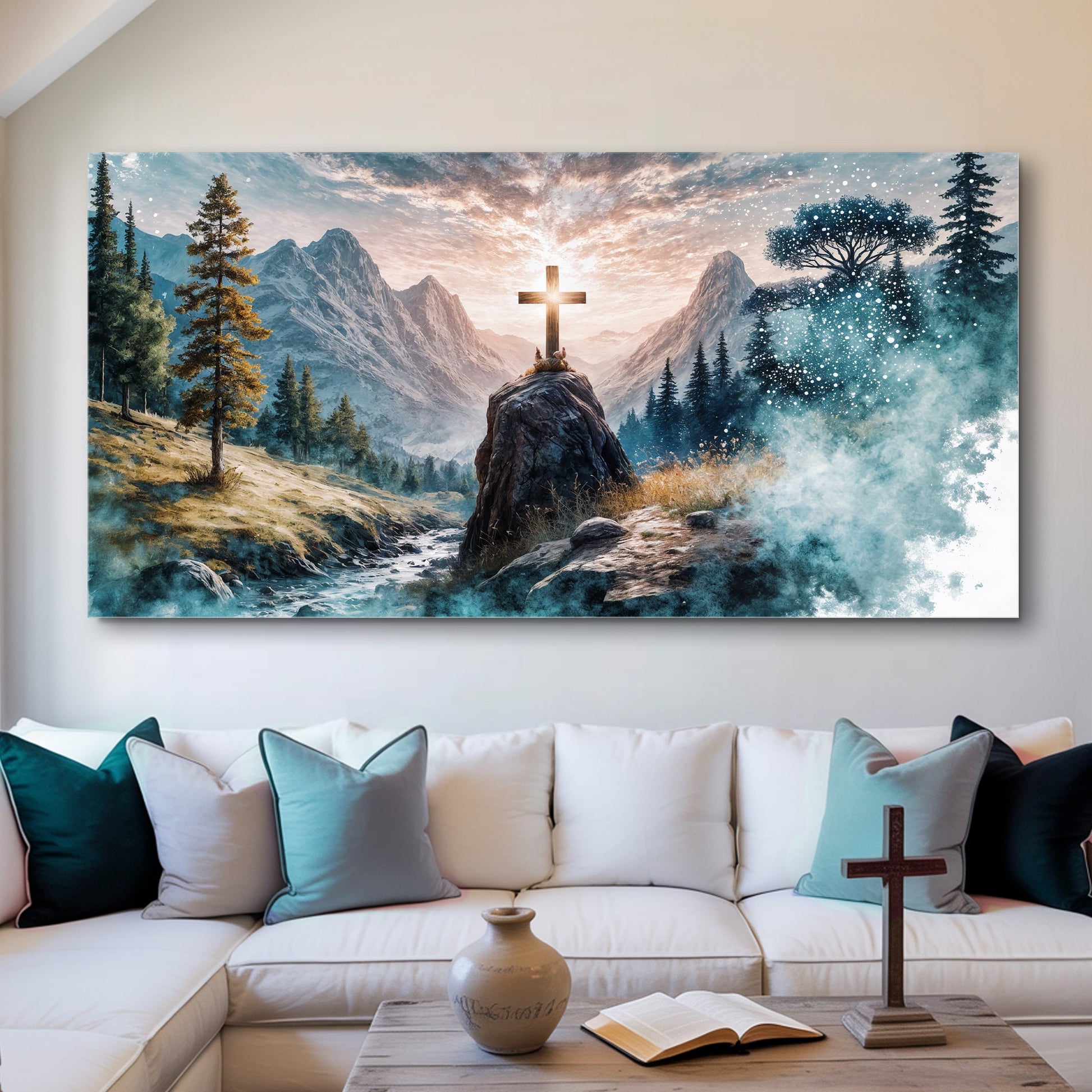 Cross On A Hill Faith Wall Art canvas Tailored Canvases mountain scene with cross and pines on Tampa Home & Garden Store