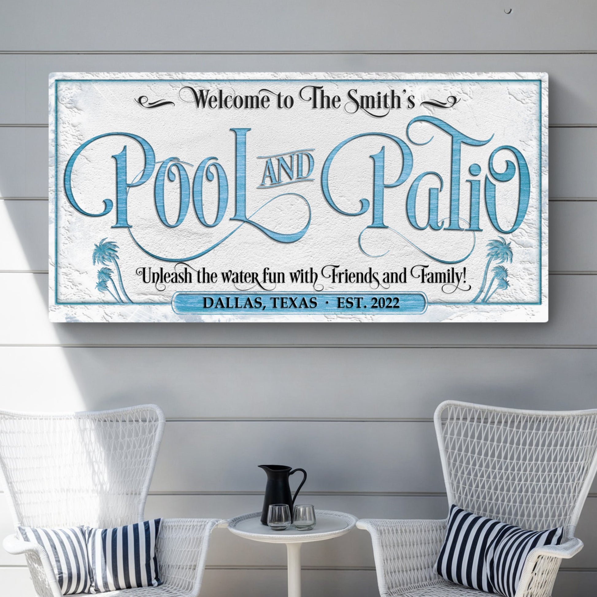 Personalized pool and patio sign canvas with blue ornate lettering and palm graphics on Tampa Home & Garden Store