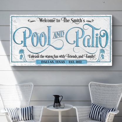 Personalized pool and patio sign canvas with blue ornate lettering and palm graphics on Tampa Home & Garden Store