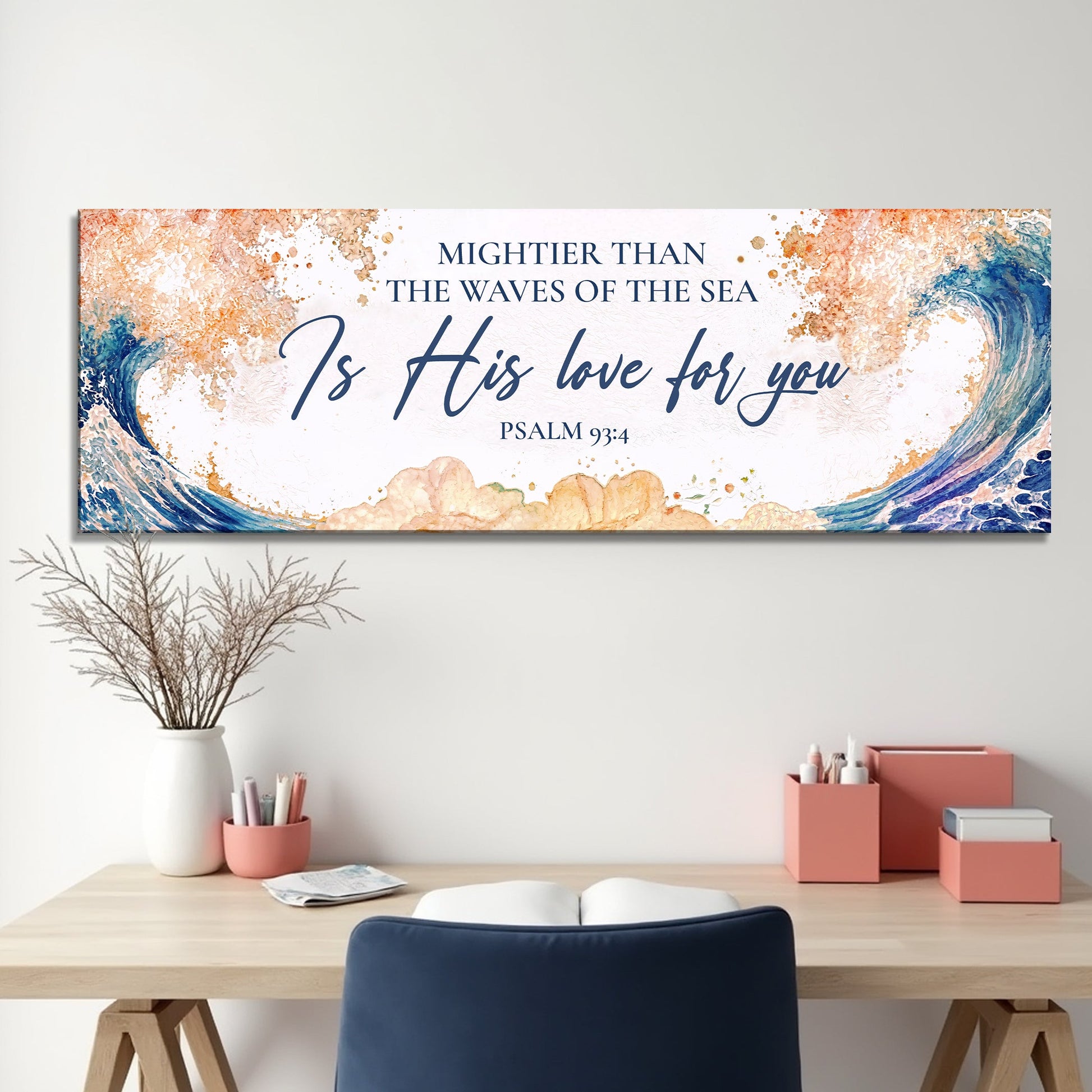 Tailored Canvases crafting canvas faith sign IV with blue orange watercolor waves on Tampa Home & Garden Store