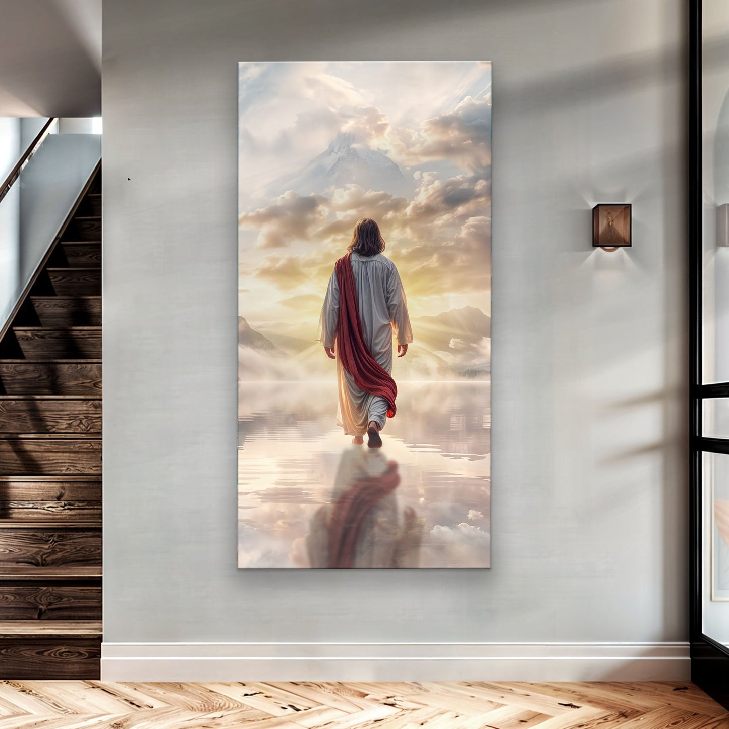 Reflections Faith Wall Art canvas with robed figure facing a sunlit cloudy mountain scene on Tampa Home & Garden Store