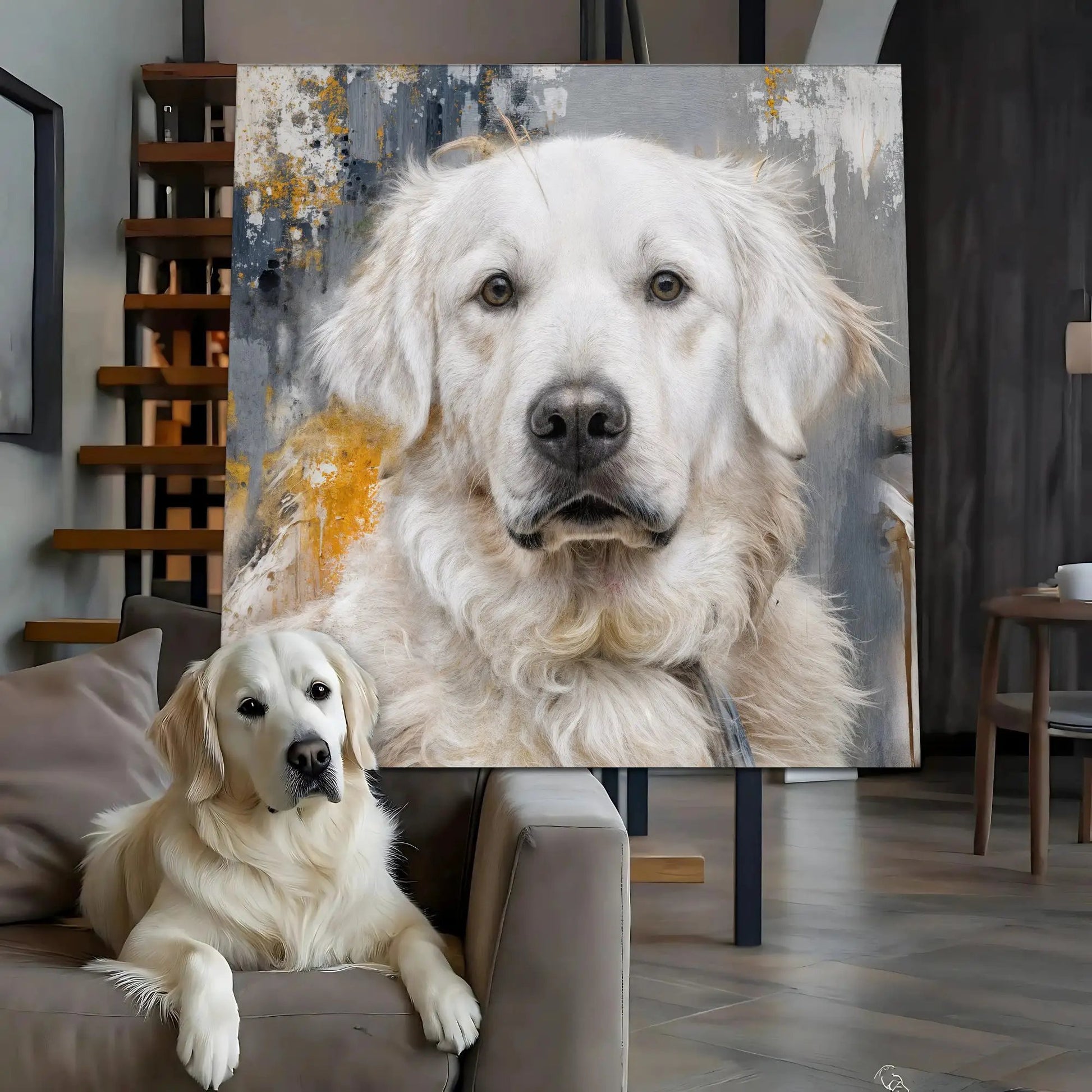 Customized Pet Portrait Abstract Wall Art canvas of a white dog with gray and gold background on Tampa Home & Garden Store