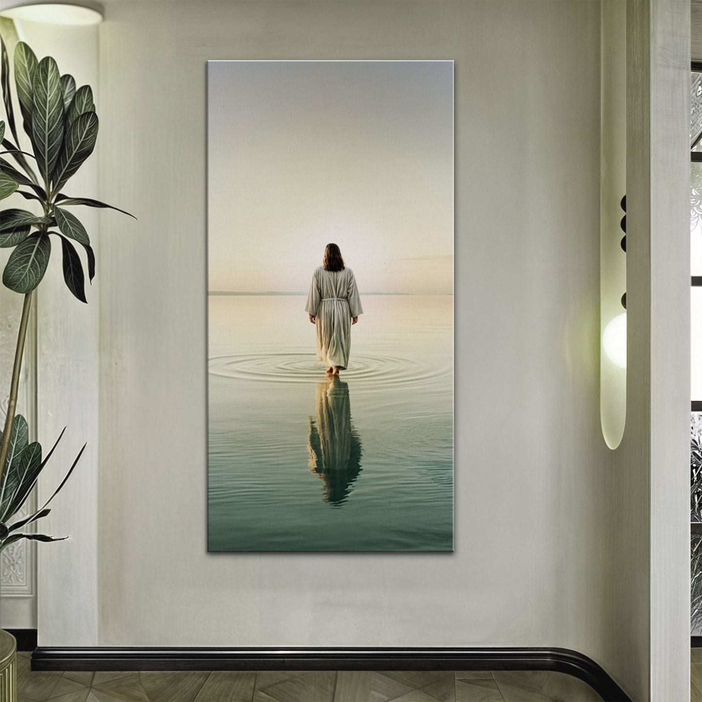 Reflections Faith Wall Art V canvas by Tailored Canvases with a lone robed figure on a soft pastel seascape on Tampa Home & Garden Store