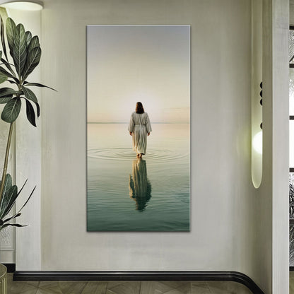 Reflections Faith Wall Art V canvas by Tailored Canvases with a lone robed figure on a soft pastel seascape on Tampa Home & Garden Store