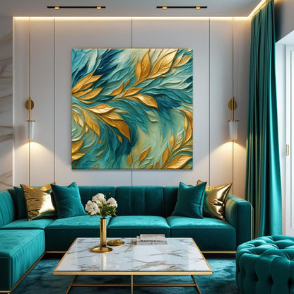 Abstract Gold And Blue Frosty Wall Art canvas Tailored Canvases with teal and gold leaves on Tampa Home & Garden Store