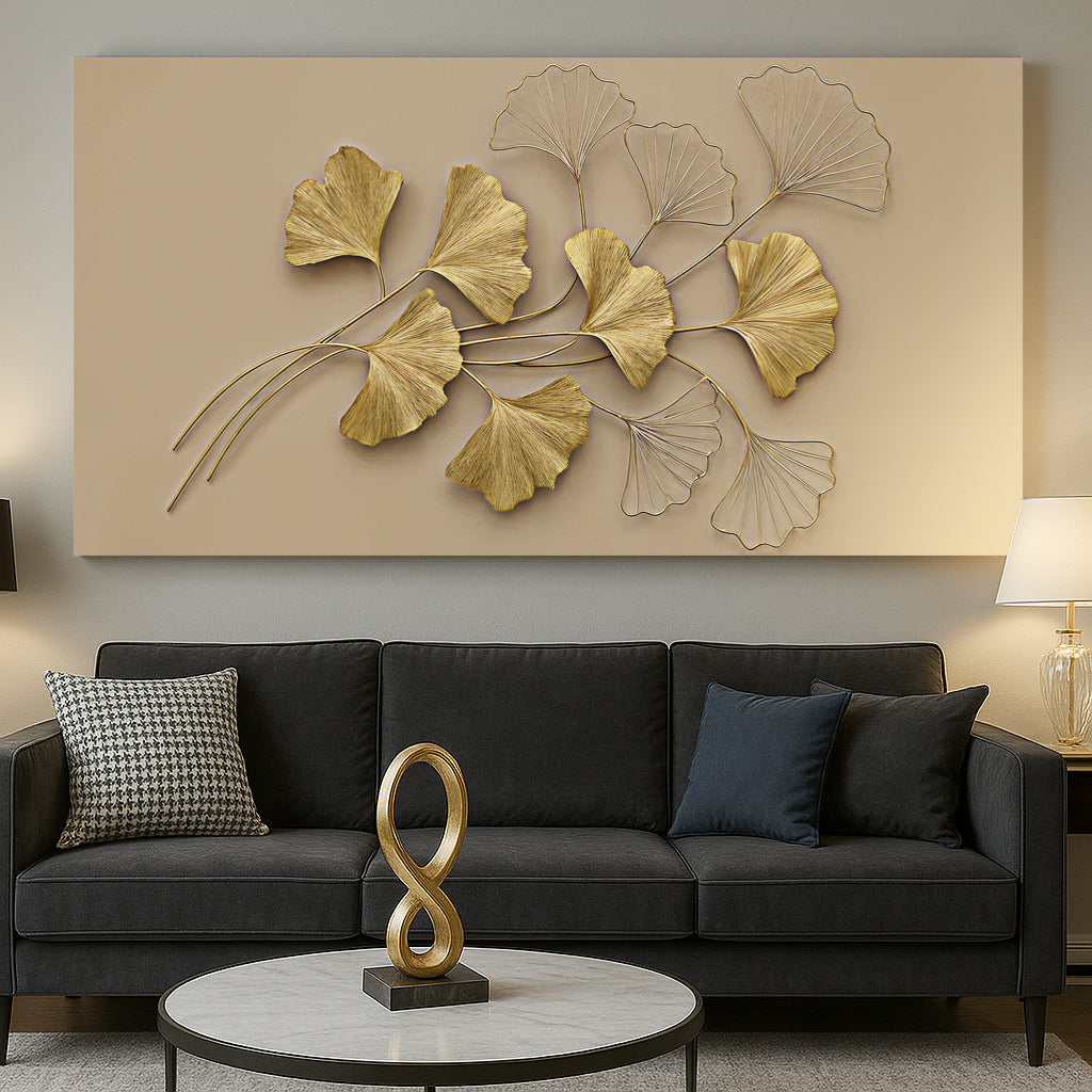 Golden botanical wall art canvas by Tailored Canvases with ginkgo leaves on beige wall on Tampa Home & Garden Store