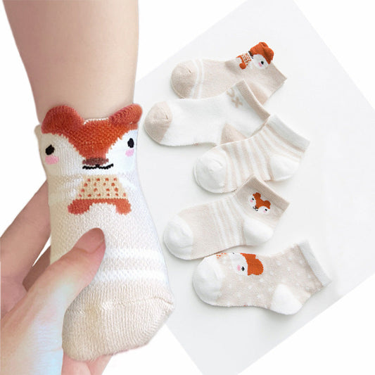 Stevvex 5-pair baby socks set breathable mesh cotton with fox motif in beige cream on Tampa Home & Garden Store