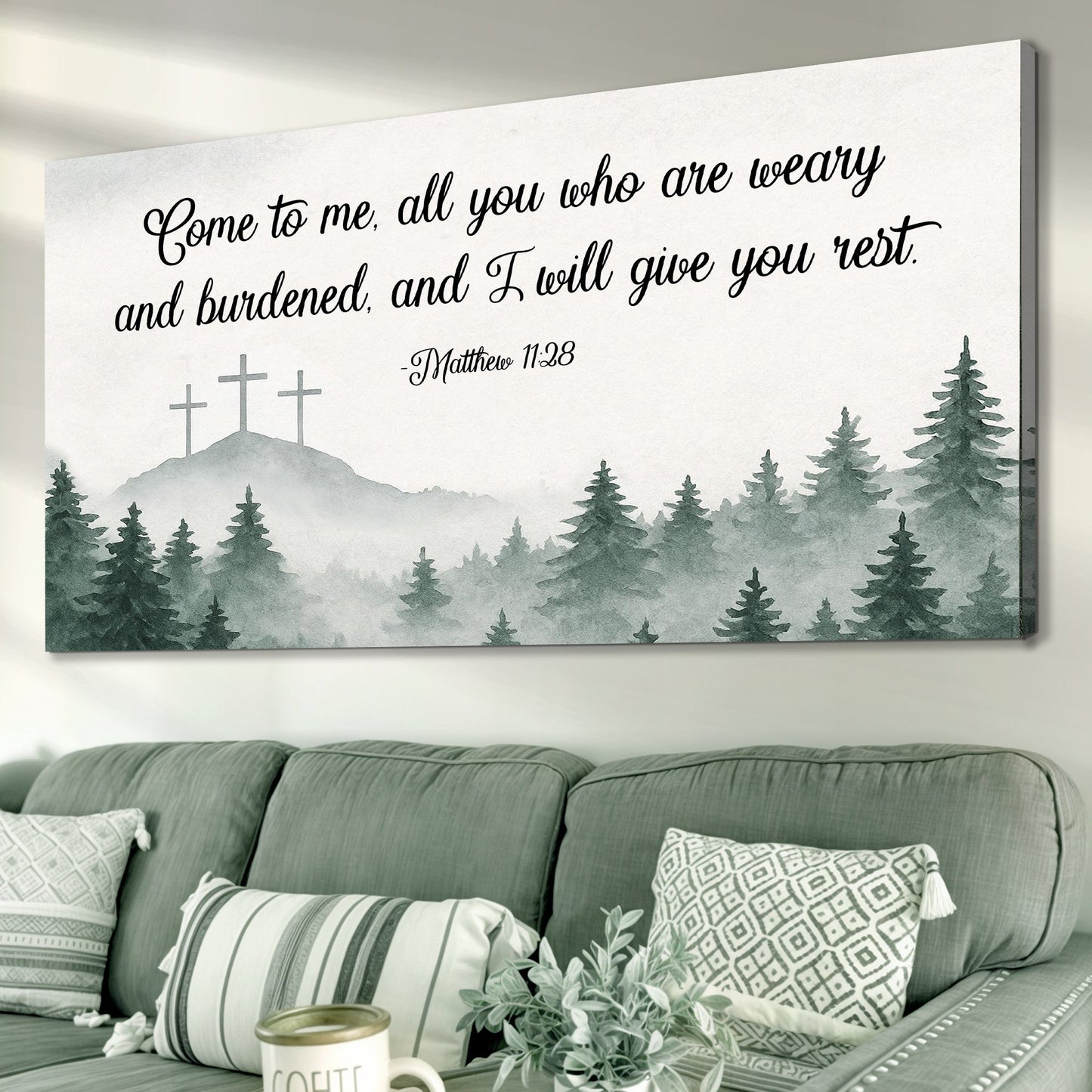Canvas faith sign II Come to me Matthew 11:28 text over dim forest on Tampa Home & Garden Store