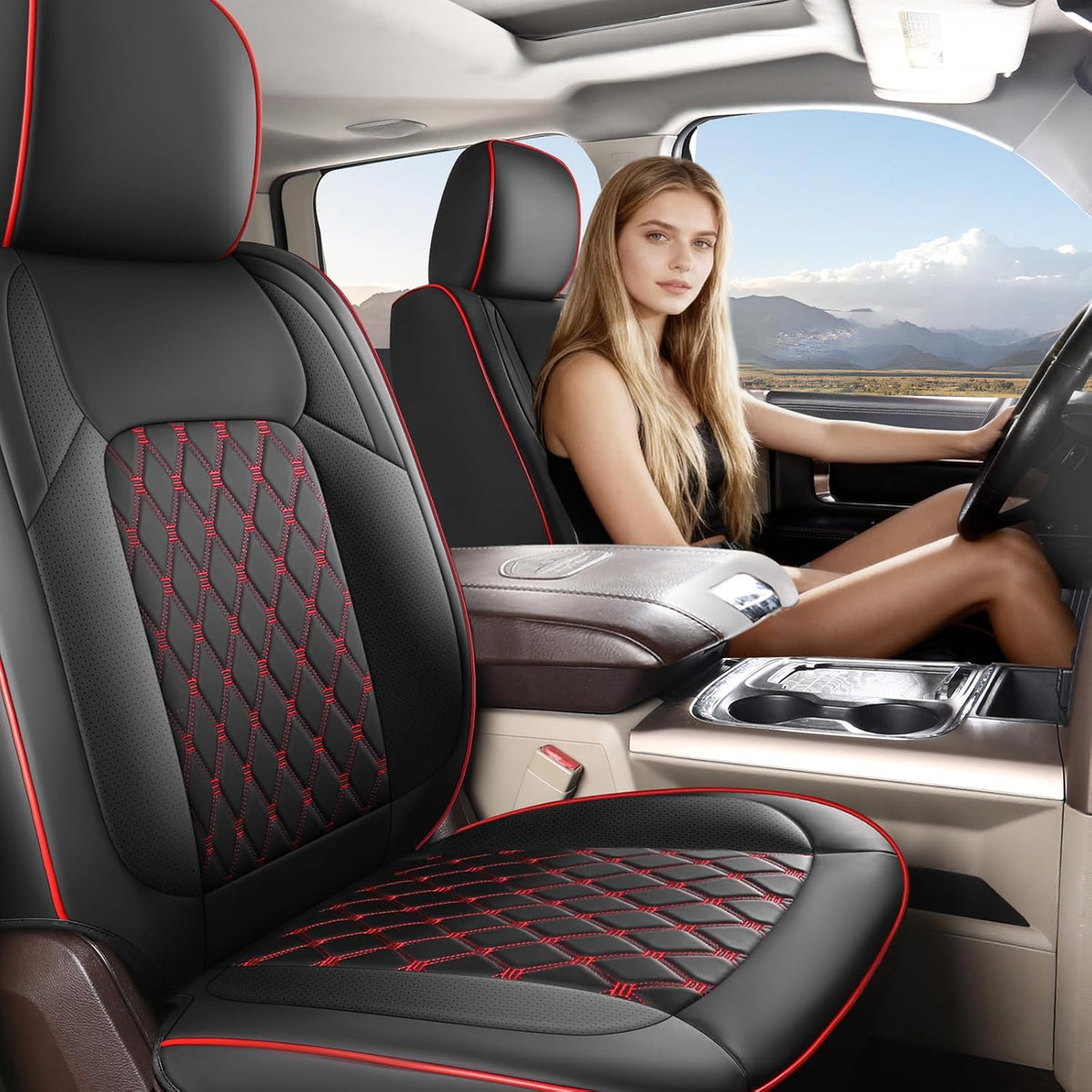 Umbrauto Dodge Ram full-set truck seat covers in black leather with red stitching, crew cab on Tampa Home & Garden Store