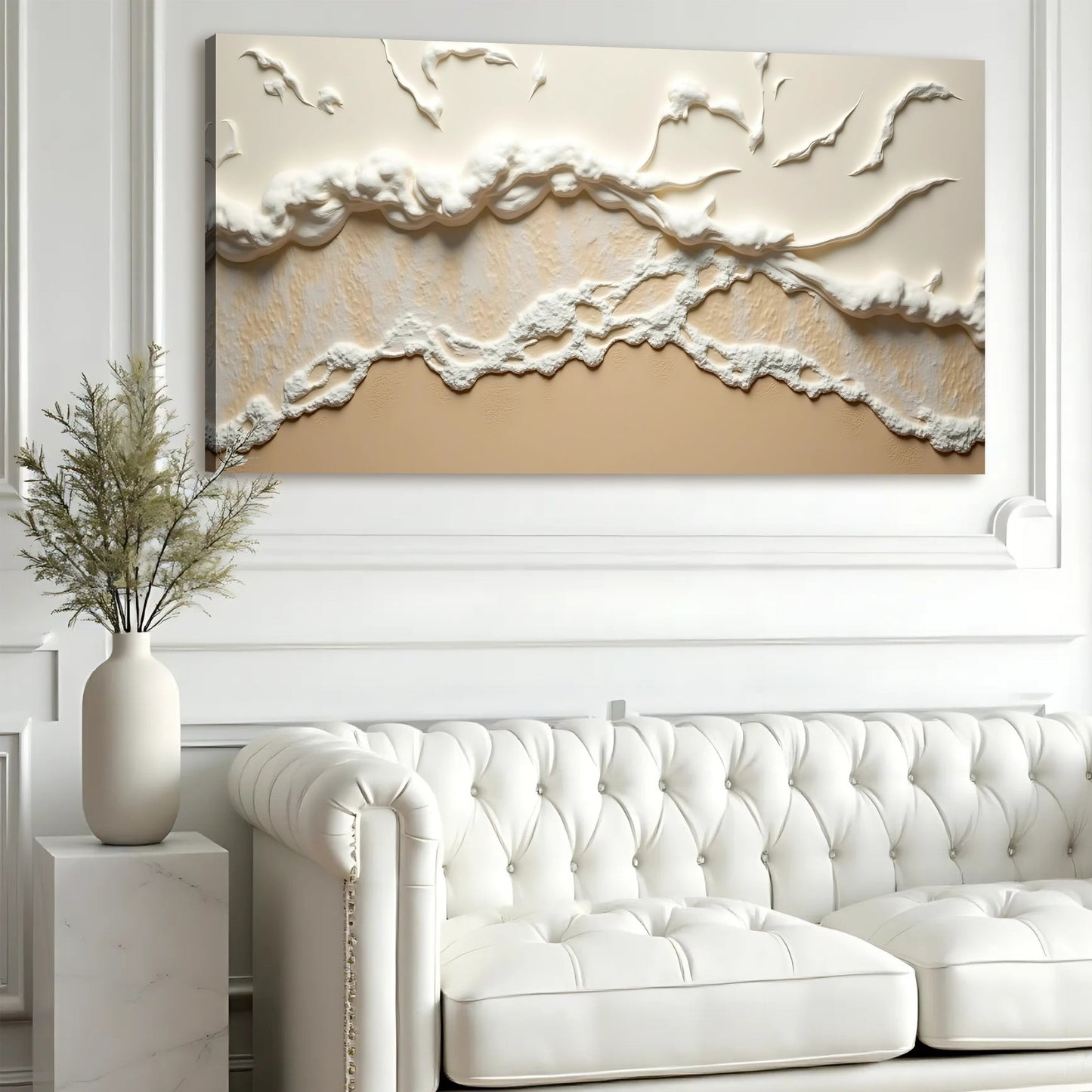 Beige Abstract Ocean Waves Canvas Wall Art by Tailored Canvases with textured cream wave relief on Tampa Home & Garden Store