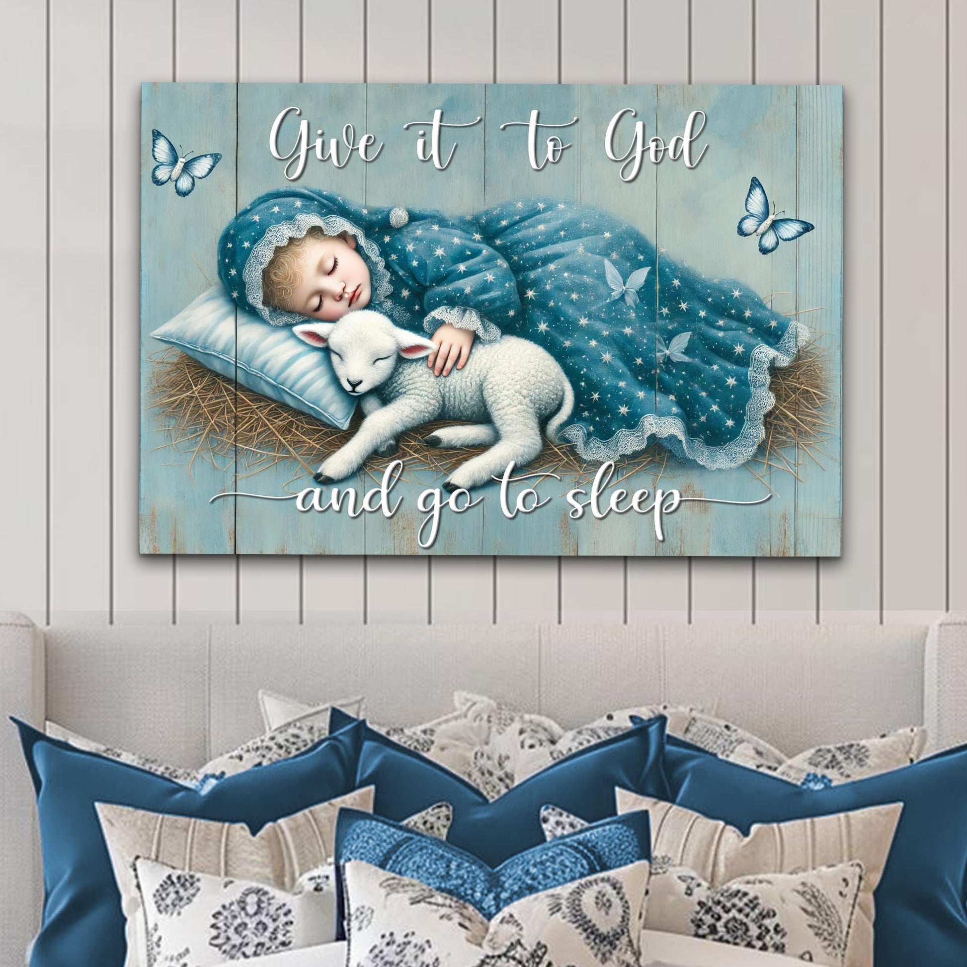 Canvas sign Give It To God And Go To Sleep Faith Sign VII by Tailored Canvases blue wood backdrop on Tampa Home & Garden Store