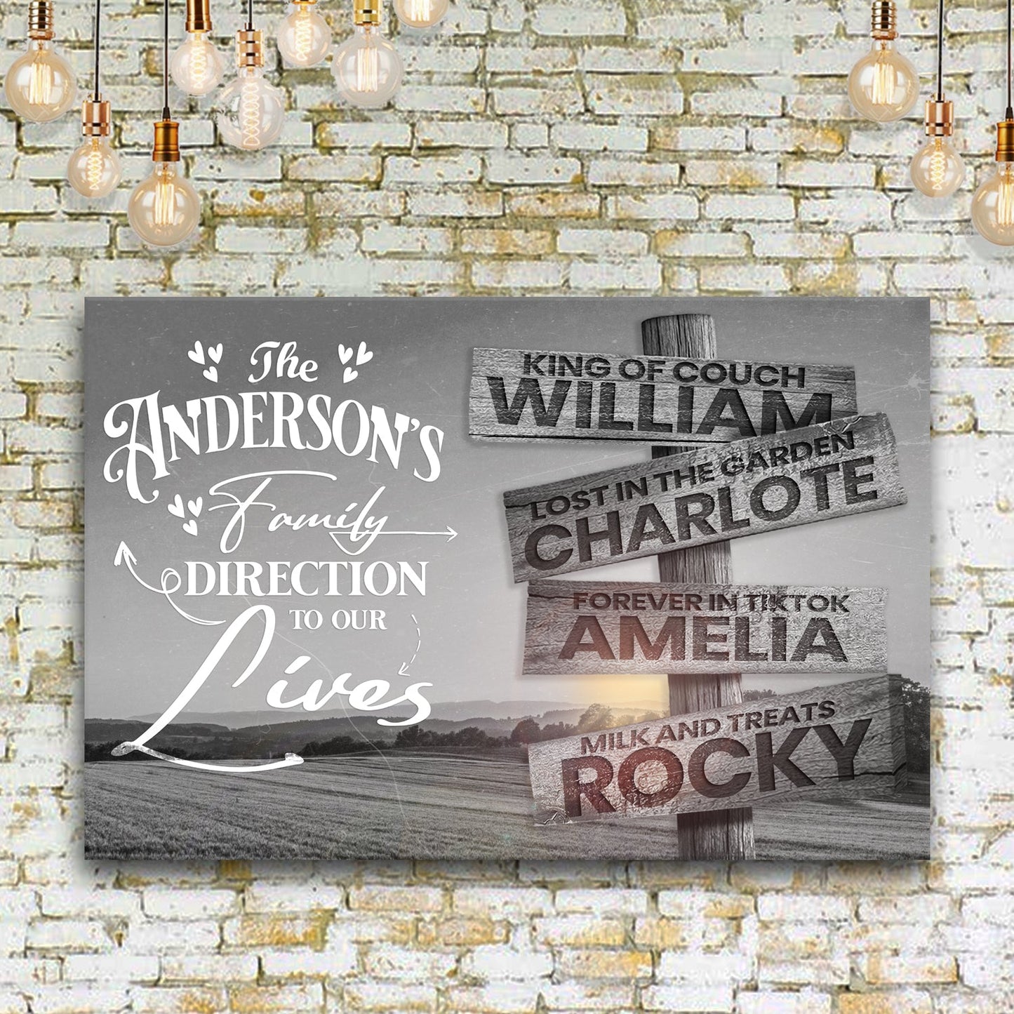 Direction Of Our Lives Family Farm Names Sign III canvas with gray background and white script on Tampa Home & Garden Store