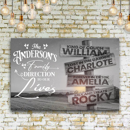 Direction Of Our Lives Family Farm Names Sign III canvas with gray background and white script on Tampa Home & Garden Store