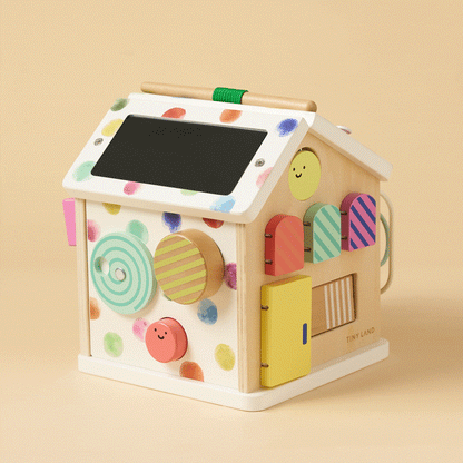 Tiny Land Cottage Activity Cube Rainbow wooden baby toy with knobs and shapes on Tampa Home & Garden Store