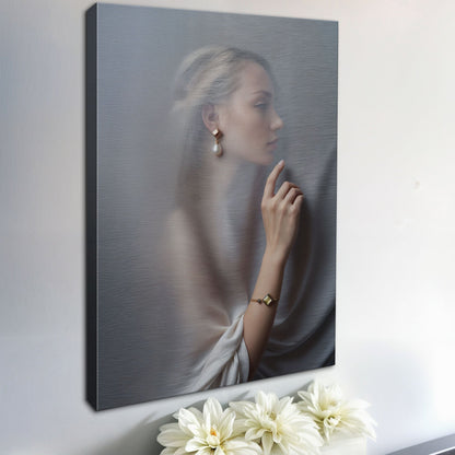Behind Curtain Wall Art canvas by Tailored Canvases, grayscale portrait of a woman behind sheer curtain, crafting canvas on Tampa Home & Garden Store