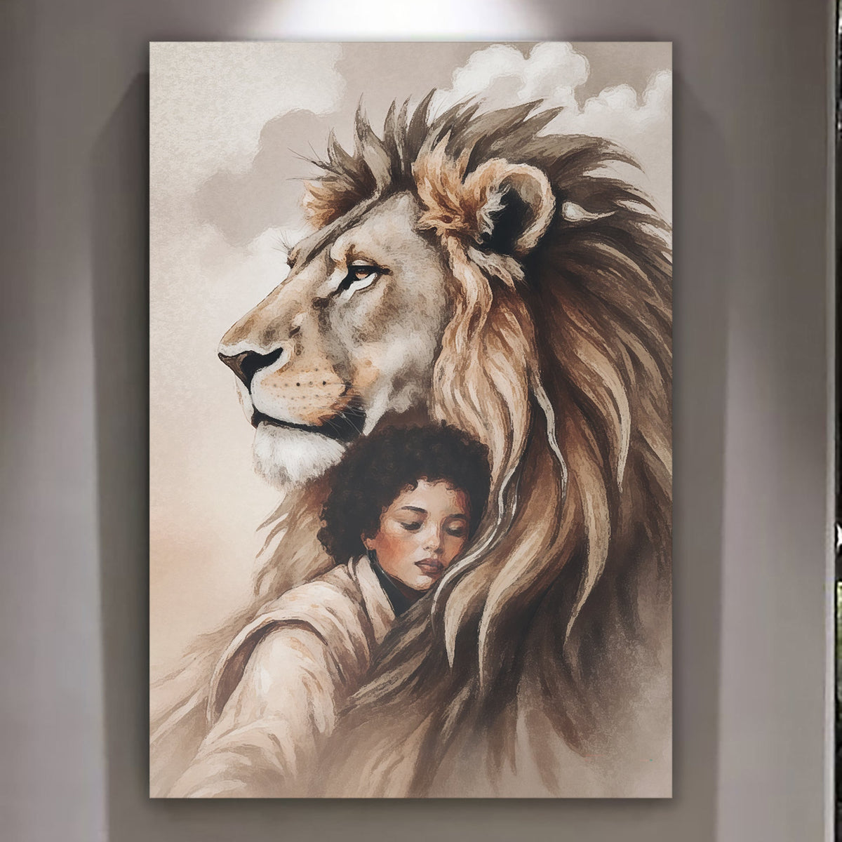 Lion And Girl Faith Wall Art canvas by Tailored Canvases in warm beige tones on Tampa Home & Garden Store