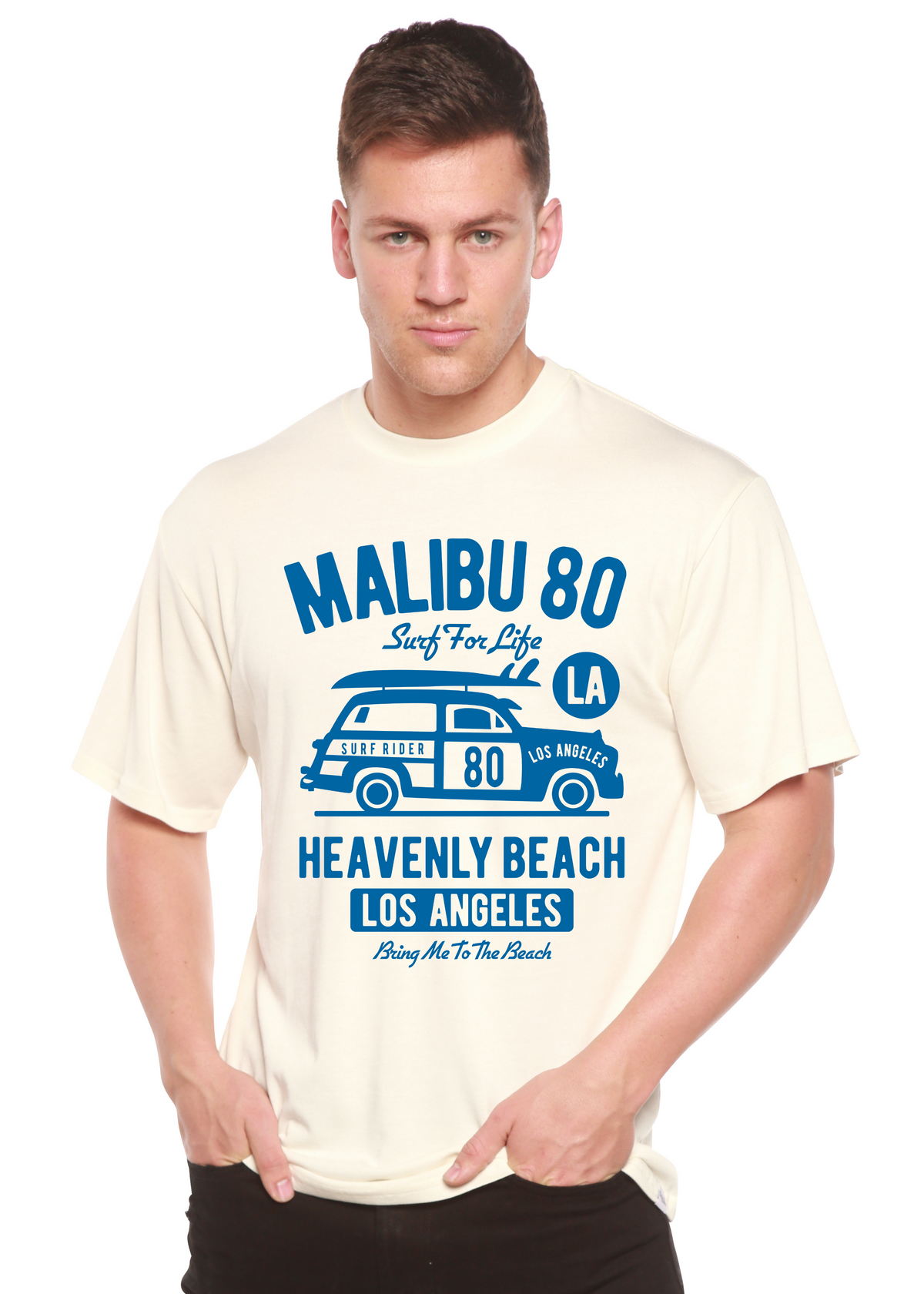 Malibu 80 men's graphic T-shirt in cream bamboo viscose organic cotton with blue van print on Tampa Home & Garden Store