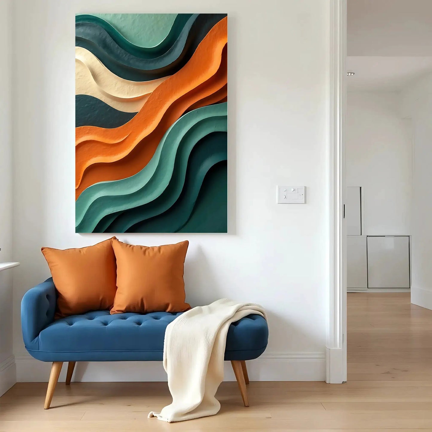 Wave Abstract Wall Art canvas with teal orange cream layered curves Tailored Canvases on Tampa Home & Garden Store