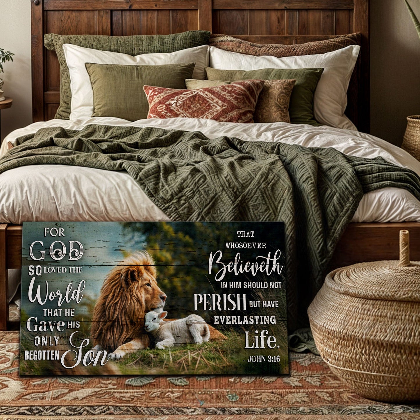Canvas wall art John 3:16 faith sign with lion motif, green-blue tones by Tailored Canvases on Tampa Home & Garden Store
