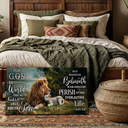 Canvas wall art John 3:16 faith sign with lion motif, green-blue tones by Tailored Canvases on Tampa Home & Garden Store