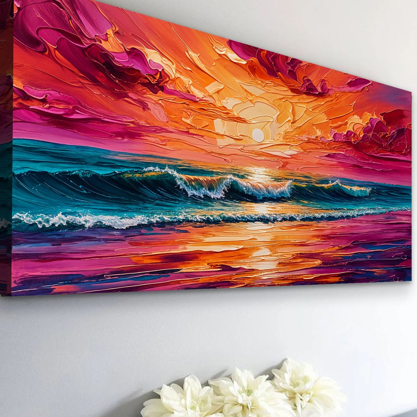 Coastal Sunset Canvas by Tailored Canvases, fiery orange-pink sky over turquoise waves on Tampa Home & Garden Store