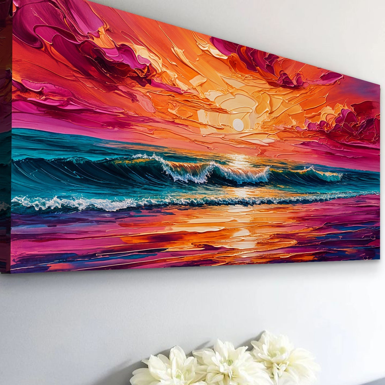 Coastal Sunset Canvas by Tailored Canvases, fiery orange-pink sky over turquoise waves on Tampa Home & Garden Store