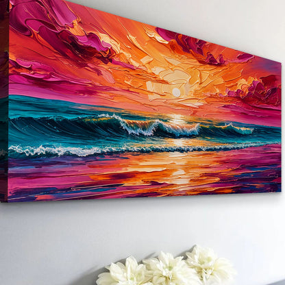 Coastal Sunset Canvas by Tailored Canvases, fiery orange-pink sky over turquoise waves on Tampa Home & Garden Store