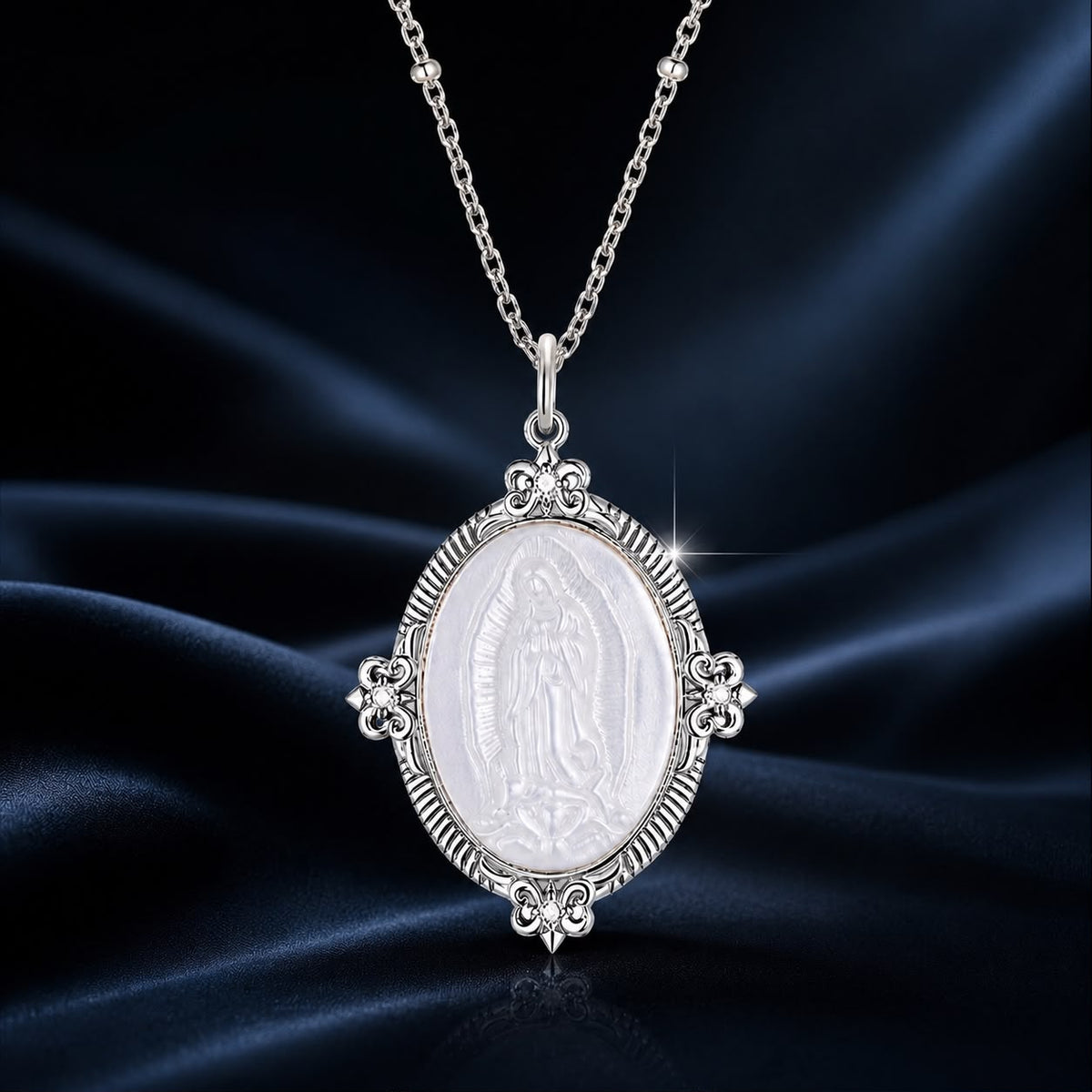 Sterling silver necklace white gold plated, 40+5cm chain, oval mother-of-pearl pendant with CZ on Tampa Home & Garden Store